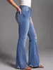 Calça Jeans Flare NY1025 de Cintura Alta Azul Rasgada com Barra Desfiada para Mulheres, Esticável, Lavada, Desgastada, Emagrecedora, Comprimento Total