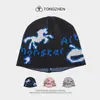 Gorro de Tricô Jacquard Pixel Pony Outono Inverno Marca Tendência Cartoon Letra Pulôver Chapéu de Lã Estilo Coreano Chapéu Jacquard Dupla Face