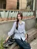 Tiro real: Camisa casual de manga comprida estilo coreano para mulheres com design de cordão, acinturada, modeladora, top versátil e estiloso para mulheres 18093