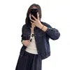 Camisa jeans Friends estilo coreano! Jaqueta-camisa estilosa, emagrecedora, azul escuro, oversized para mulheres