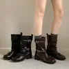 Botas de Mujer 2026 Otoño Nuevo Estilo para Aumentar Altura con Lazos Plisados y Hebilla de Cinturón, Botines de Ballet, Botas de Jinete hasta Media Pantorrilla
