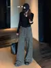 Pantalones de pierna ancha a rayas de color block de nuevo estilo para mujer, primavera, otoño, invierno, cintura alta con cordón, holgados, pantalones rectos casuales