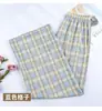 Calças xadrez femininas de verão finas de cintura alta com drapeado soltas retas justas calças de perna larga calças casuais pequenas