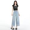 Primavera y Verano 2025 Encaje Elementos Populares Pantalones de Pierna Ancha Pantalones Rectos Jeans de Ocho Puntos Chenilla para Mujer