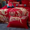 Juego de Cuatro Piezas de Algodón de Fibra Larga de Gama Alta para Boda Juego de Boda Chino Bordado Rojo Ropa de Cama de Boda de Algodón Puro