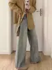 Calça Larga Azul Claro Desfiada, Jeans Reto Estilo Outono Retro para Mulheres, Tamanhos Grandes, Caimento Relaxado, Cintura Alta, Calça Emagrecedora