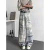 Jeans Largo Street Retro Resistente Lavado Pintura a Óleo 3D para Homens e Mulheres, Calça Reta Solta Tendência Estilo Americano