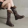 Versão em Couro de Vaca ~ Botas Western Cowboy Retrô para Mulheres, Bico Redondo, Fivela de Metal, Gola Dobrável de Duas Formas, Efeito Emagrecedor, Salto Grosso, Botas de Cavaleiro