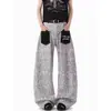 Jeans Tendência Americano Retrô Estampa de Leopardo Bolso Canguru Unissex Solto Estilo de Rua Perna Larga Casual Calça Longa Algodão