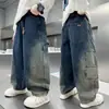 Jeans para Meninos Primavera e Outono 2025 Novo Estilo para Crianças Mais Velhas, Calças Casuais Soltas para Meninos, Moda Outono