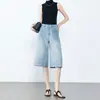 Jeans Clásicos Azules de Pierna Ancha para Mujer, Verano 2026, Pantalones Cortos de Tela Rígida, Ajuste Holgado, Pantalones tipo Cubo, Pantalones de Mezclilla de Longitud Media