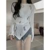 Blusa con Filtro Solar Estilo Hong Kong para Mujer Primavera Estilo Perezoso Nuevo Estilo Diseño de Suéter Gris Roto Sentido del Diseño Top de Punto