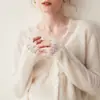 Cardigan de renda de cashmere solúvel em água, com aspecto nebuloso e enevoado, para mulheres, decote V, amigável à pele, caimento solto, tamanho grande, tricotado