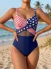 2026 Venta Caliente Bandera de Estrellas y Barras Americana Malla Transparente Hueca Sexy Cubre Imperfecciones Adelgazante Traje de Baño de Una Pieza para Vacaciones Mujeres