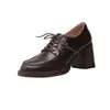 Zapatos de Cuero Suave de un Solo Color, Estilo Nuevo Primavera y Otoño, Tacones Altos, Zapatos de Cuero Negros para Mujer, Estilo Británico Casual, con Cordones, Suela Gruesa, Tacón Grueso, Zapatos para Mujer