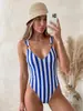 Bestseller transfronterizo europeo y americano 2026 traje de baño de una pieza para mujer, multicolor, con rayas verticales, con tira de anillo, push-up, adelgazante, sexy, para vacaciones