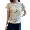 Tejidos para Mujer 2026 Verano Fresco y Holgado Cuello Redondo Corto Bordado Floral Hueco Top de Manga Corta para Mujer
