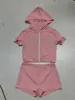 Conjunto Deportivo de Calle Europeo y Americano de Amazon con Sudadera con Capucha y Cremallera con Pedrería, Top de Manga Corta y Shorts Ajustados a la Cadera, Conjunto Casual de Dos Piezas