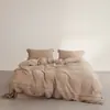 Juego de Cuatro Piezas de Algodón Puro de Lujo Ligero con Funda Nórdica de Hilo Arrugado, Sábana Plana y Sábana Ajustable de Algodón Puro Suave y Amigable con la Piel con Botones de Color Sólido
