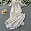 Conjunto de Duas Peças Cardigã Estampado Levemente Maduro Calça Wide Leg Feminino Outono Versátil Emagrecedor Camisa Casual Solta
