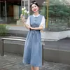 Nuevo Vestido de Mezclilla Patchwork Estilo Nacional Chino para Mujer, Nuevo Modelo de Verano, Petite, Elegante, Ceñido a la Cintura, de Manga Corta, Delgado