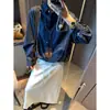 Moqie Design de Alta Qualidade Estilo para o Dia a Dia Bainha Elástica em Forma de Botão de Flor Patchwork Falso de Duas Peças Camisa Jeans Mq0884