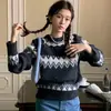 Suéter Fair Isle Retrô Diamante Gola Redonda Feminino Outono Inverno Estilo Preguiçoso Senso de Design Bordado Bloqueio de Cores Tricô Grosso