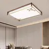 Estética de Canción Luz de Techo Madera Maciza Tela de Lino Hoja de Bambú Paisaje Pintura a Tinta Redonda Luz para Sala de Estar Comedor Dormitorio Luz Principal Hierro