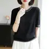 Camiseta feminina de crochê vazado estilo coreano, seda gelada, manga curta, verão, leve, respirável, solta, cor bloco versátil, gola redonda