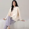Pijama de Algodão Puro para Mulheres, Coleção Primavera e Outono 2026, Manga Longa, Cor Sólida, Casual, Macio, Roupa de Casa, Estilo Outono, Feminino, Pode Ser Usado Fora, Conjunto de Duas Peças