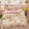 Conjunto de cama de algodão matelassê de quatro peças com capa de edredom estampada e lençol com elástico, estilo coreano, adequado para dormitórios estudantis, conjunto de cama de três peças