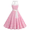 Tiro real AliExpress superventas estilo retro Hepburn cuello halter estampado a cuadros rosa Barbie vestido de péndulo grande