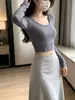 Crop Top de Manga Larga para Mujer, Nuevo Estilo Coreano de Otoño, Camiseta Básica Chica Puro Deseo, Top Corto Versátil de Corte Ajustado, Moderno