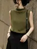 Linda Camiseta de Verão 2026 para Mulheres, Design Novo, Cor Verde Oliva, Tricô, Gola Meia-Alta, Sem Mangas, Top Soltinho e Emagrecedor