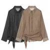 Camisa de Comercio Exterior Transfronterizo Estilo Nuevo Primavera y Otoño Cuello Solapa Lazo en la Cintura Fruncido Plisado Manga Larga Rayas Color Sólido Elegante Camisa