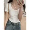 Camiseta de verano para mujer, ajustada, corta, con escote cuadrado, textura acanalada, mangas cortas y diseño elástico de moda, perfecta como capa interior o top básico