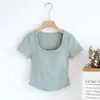 Camiseta de manga corta para mujer con almohadilla en el pecho, dobladillo irregular curvo, camiseta interior con sujetador, se puede usar por fuera, top de cuello cuadrado, verano