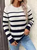Suéter de Punto Rayado para Mujer de Otoño e Invierno, de Venta Caliente Transfronteriza, con Cuello Redondo, Decoración de Botones Falsos, Mangas Largas, Corte Ajustado, Versátil