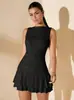 L25D090 Novo Produto, Simples e Elegante, Sem Mangas, Justo e Confortável, Cinto na Cintura Renda Folha de Lótus Costurada Vestido Curto