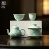 Bule de Chá Cerâmico Mojihai Verde Pintado à Mão com Enfeite de Videira Verde, Gaiwan Três Talentos, Xícara do Anfitrião, Xícara de Chá, Xícara de Degustação, Coleção de Conjunto de Chá