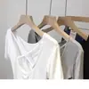 Camiseta Feminina de Manga Curta Slim Fit Estilo Coreano Nova Verão 2026 com Design Elegante nas Costas Cruzadas