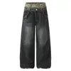 Jeans Retro Americano Lavado Estampa de Leopardo Cintura Dupla Unissex Tendência Solto Perna Larga Reto Casual Calças Longas 2026