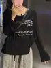 Camiseta Blanca Fina de Manga Larga con Estampado de Letras, Estilo Holgado y Relajado Estilo Americano para Mujer, Nuevo Top de Verano