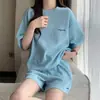 Traje Deportivo Casual Estilo Universitario Coreano de Verano para Mujer, Camiseta de Manga Corta Holgada de Wafflough, Pantalones Cortos, Cómodo Conjunto de Dos Piezas
