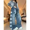 Jeans retro americano com estrela e sabre dividida lateralmente para mulheres, design de alta moda outono e inverno, calças largas soltas e fluidas