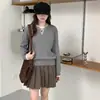 Suéter de punto de lana pura para mujer, nuevo estilo otoño e invierno, cuello redondo, patchwork a rayas, diseño de dos piezas simulado, estilo coreano, versátil