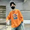 Camiseta de manga longa para meninos, modelo primavera e outono, nova blusa infantil 2026, 100% algodão puro, blusa de gola redonda para crianças mais velhas