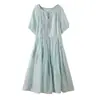 Elegante y Versátil Vestido de Tencel con Cuello de Lazo para Mujer, Nuevo en Verano, Color Sólido, Manga Corta, Falda Acampanada