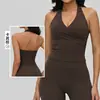 Top de yoga sexy europeu e americano com decote halter profundo em V para mulheres com bojo fixo, modelagem justa, sem mangas, top esportivo para fitness
