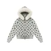 Sudadera con capucha y cuello de pelo estilo millennial Y2K para mujer, top con cremallera corta y cálido con cuello de pelo de lunares vintage